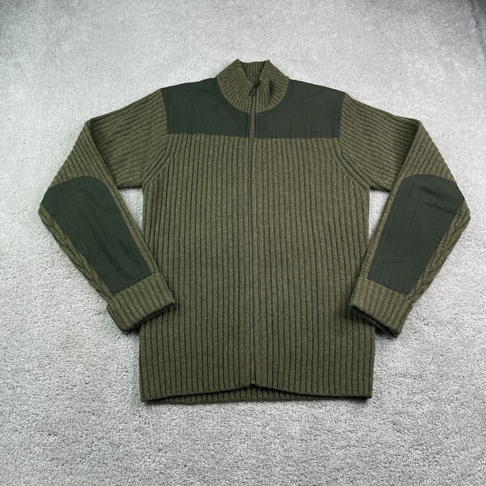 LL Bean Sweater Mens Medium Green Full Zip Commando Merino Wool Ribbed Tactical